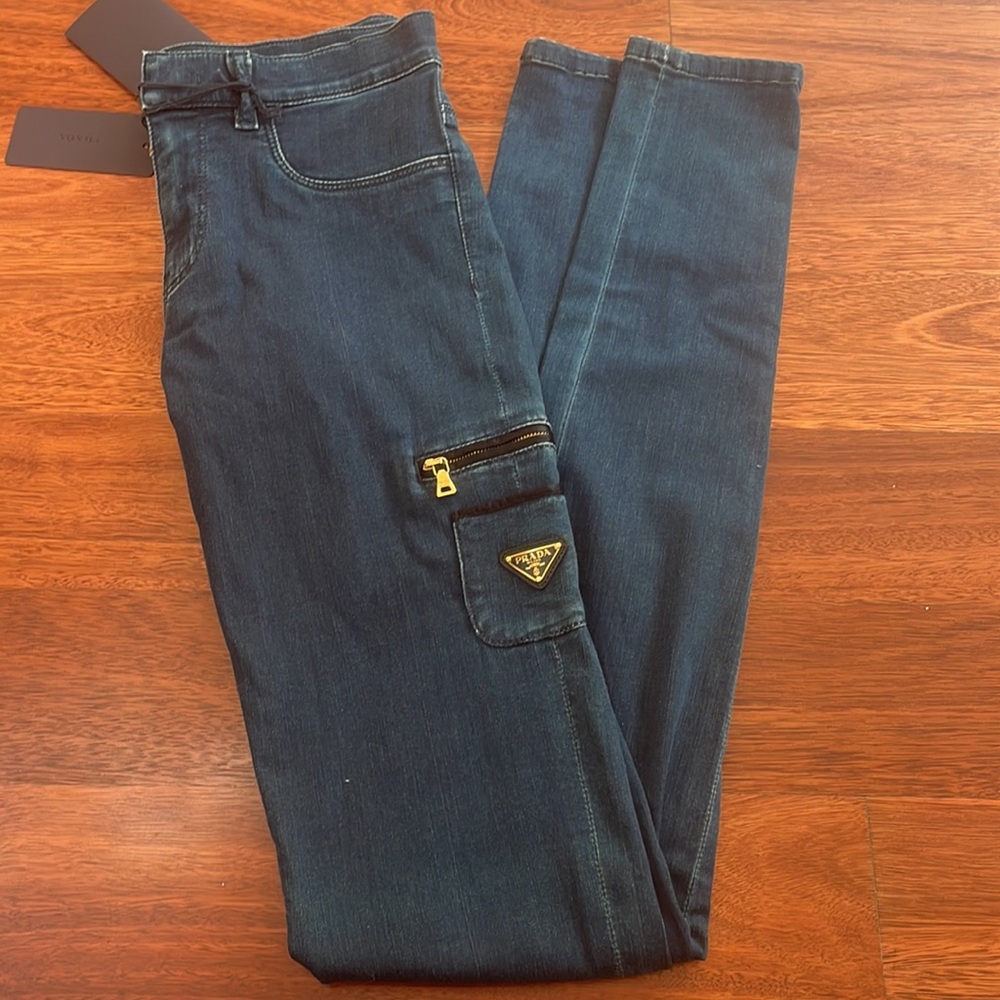 Prada Dark Blue Denim Jeans Pants Gold Hardware
